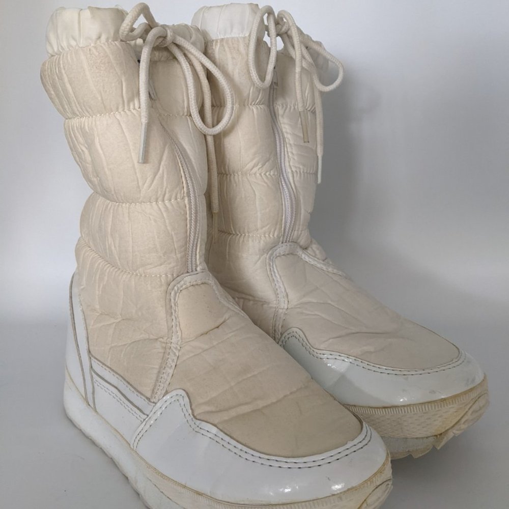 Sz 7 Athletech Quilted Puffer Ivory White Mid Calf Winter Boots Women's